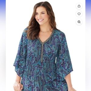 Catherines Paisley V-Neck Tunic Bejeweled Pleated Blouse 3X Bell Sleeve